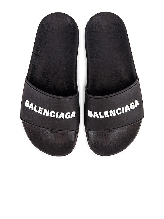 Balenciaga Rubber Logo Pool Slides in Black & White | FWRD