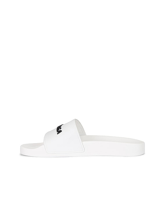 Balenciaga Rubber Logo Pool Slides in White Black FWRD