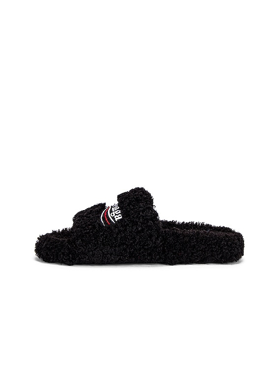 Balenciaga Furry Slippers in Black & White & Red | FWRD