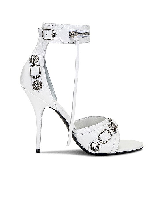 Balenciaga Cagole Sandal in Optic White & Aged Nickel | FWRD Balenciaga Cagole Sandal in Optic White & Aged Nickel | FWRD