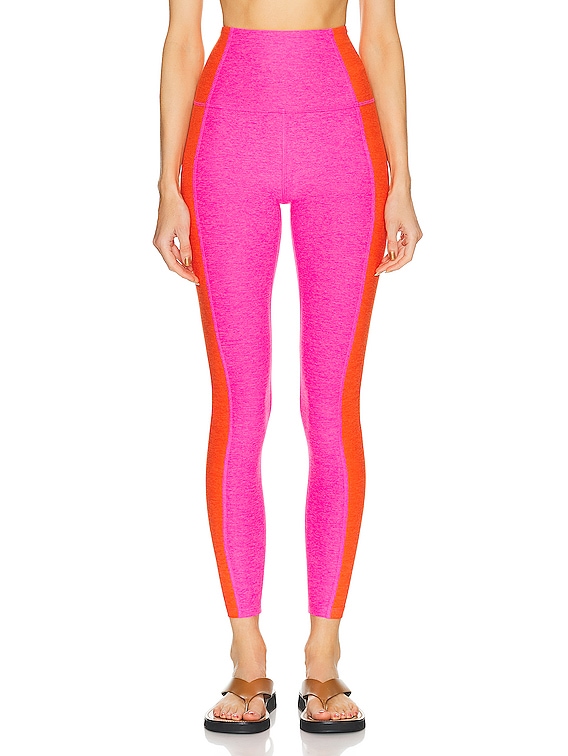 Beyond Yoga Spacedye Vitality Colorblock High Waisted Midi Legging in Pink  Punch & Firecracker Red Block