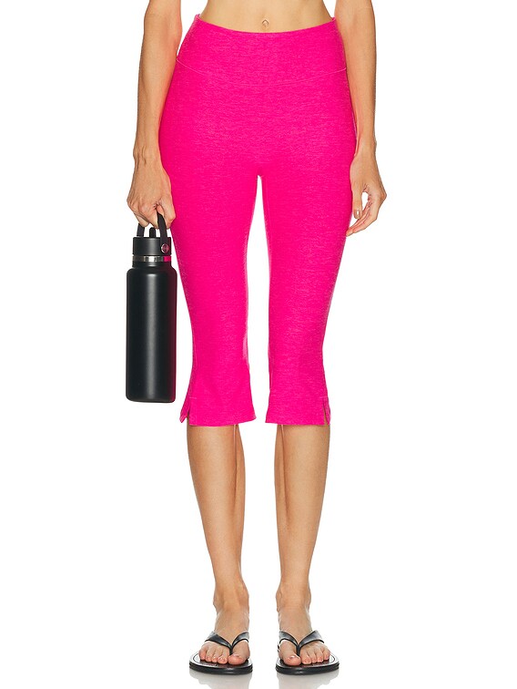 Beyond Yoga Spacedye Midi Rise Slit Capri Legging in Pink Glow Heather |  FWRD