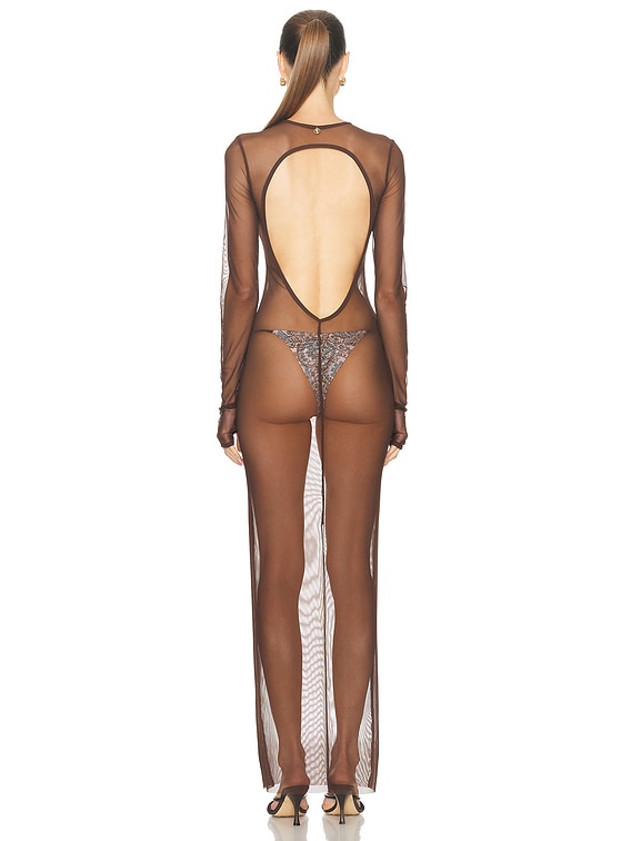 chinese dress ladies Wine Lace Mesh Rhinestone Heart High Slit Maxi Dress Thong 2Pc Lingeri   AMIClubwear