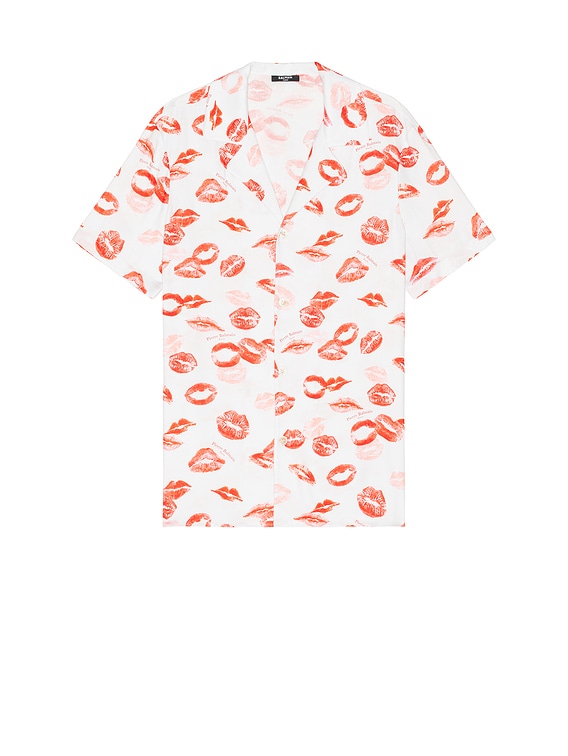 BALMAIN Kiss Print Pyjama Shirt in White & Red | FWRD