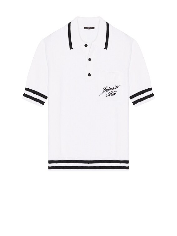 BALMAIN Paris Logo Cotton Knit Polo in White & Black | FWRD