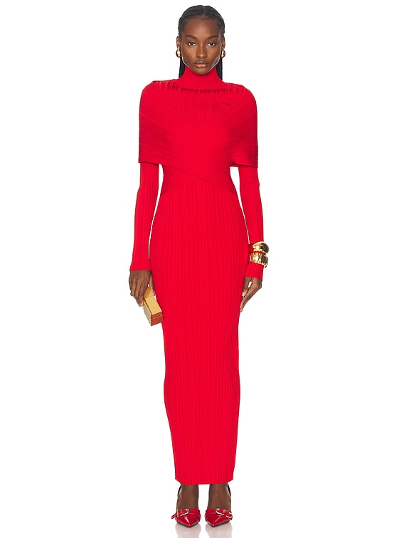 BALMAIN High Neck Pleated Knit Long Dress in Rouge | FWRD