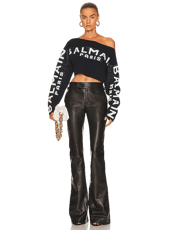 BALMAIN Off the Shoulder Crop Sweatshirt in Noir & Blanc Casse | FWRD