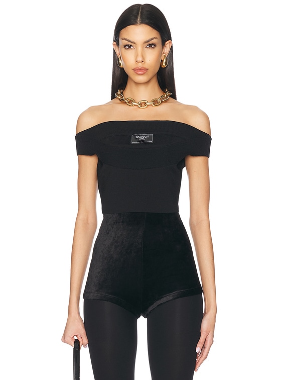 BALMAIN Boat Neck Double Collar Knit Crop Top in Noir FWRD