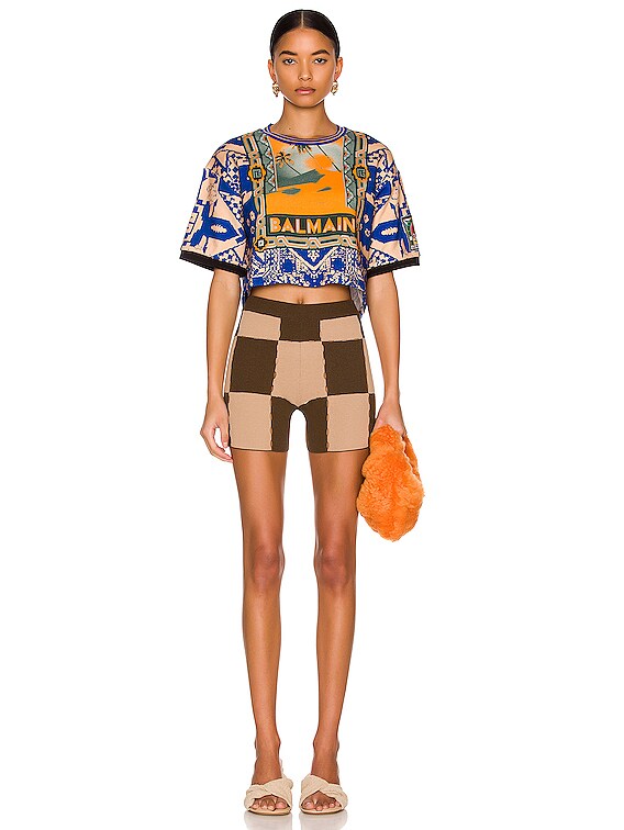 BALMAIN Cropped All Over Print T-Shirt in Orange & Multi | FWRD