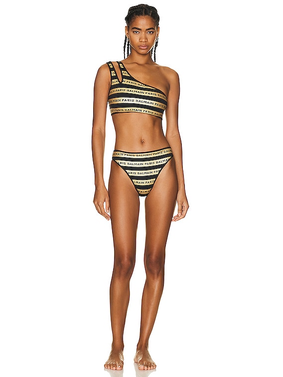 BALMAIN One Shoulder Bikini Set in Black & Gold