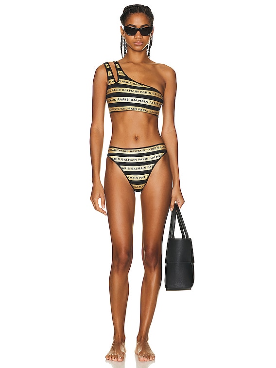 BALMAIN One Shoulder Bikini Set in Black Gold FWRD