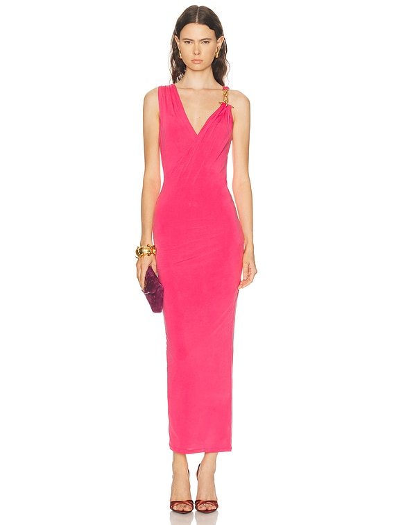 BALMAIN Gold Detail Jersey Draped Long Dress in Bright fuchsia