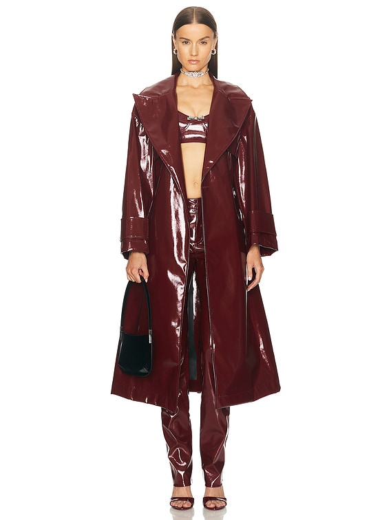 Blumarine Faux Patent Leather Trench Coat in Burgundy FWRD