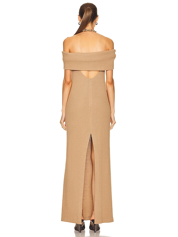 Brandon Maxwell Off the Shoulder Rib Knit Gown in Camel