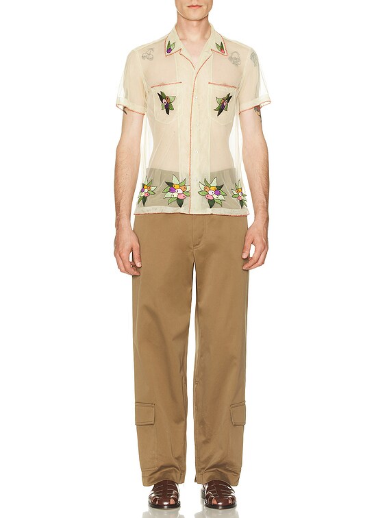 BODE Embroidered Suncherry Short Sleeve Shirt in White Multi