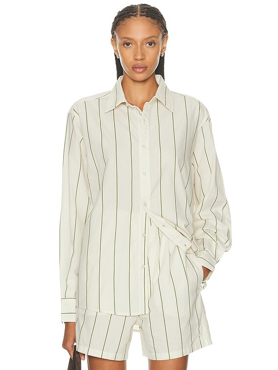 BODE Celery Stripe Long Sleeve Shirt in Green & Cream | FWRD