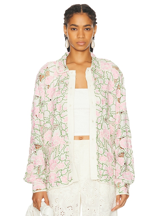 BODE Peony Lace Long Sleeve Shirt in Pink Multi | FWRD