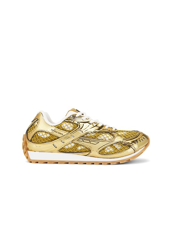 Bottega Veneta Orbit Lace-Up Sneaker Technical Fishnet in Gold
