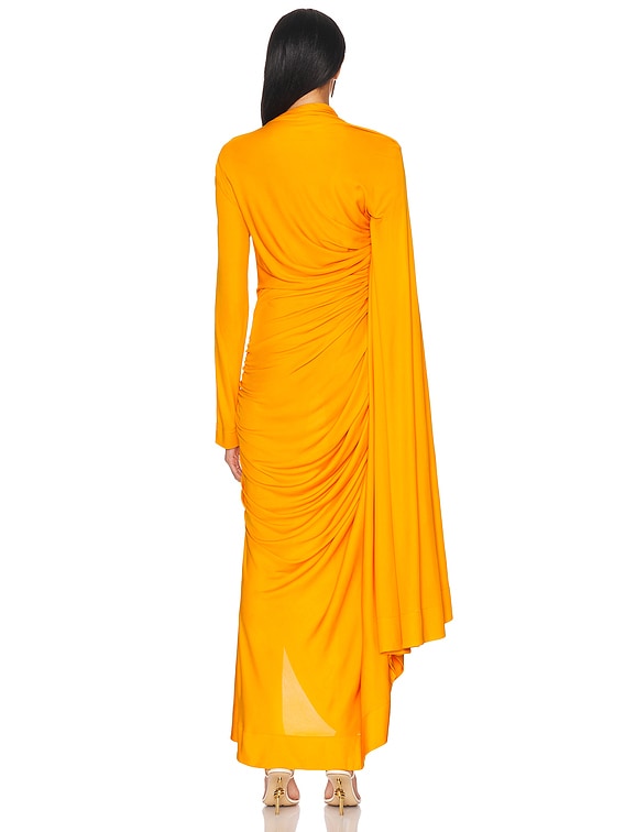ワンピース BOTTEGA VENETA LONG DRESS (772479VKUQ0 1000) Bottega Veneta Ruched Long Dress in Mandarin | FWRD