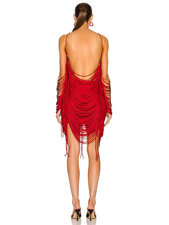Bottega Veneta Shiny Viscose Fringe Knit Dress in Scarlet | FWRD
