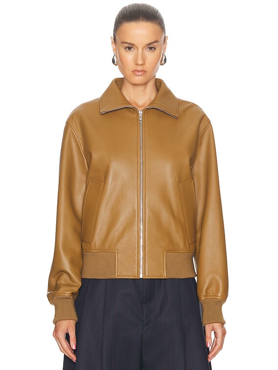 Bottega Veneta Leather Bomber Jacket in Acorn | FWRD