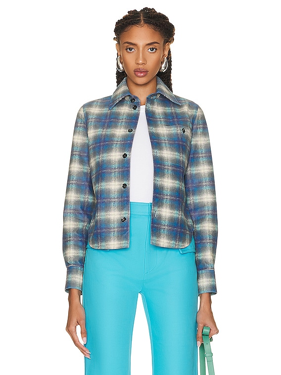 Bottega Veneta Leather Check Flannel Shirt in Multi Light Blue | FWRD