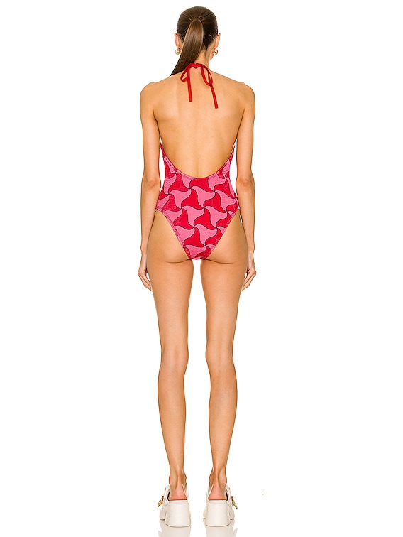 Bottega Veneta Wavy Triangle Crinkle Swimsuit in Pink & Scarlet | FWRD