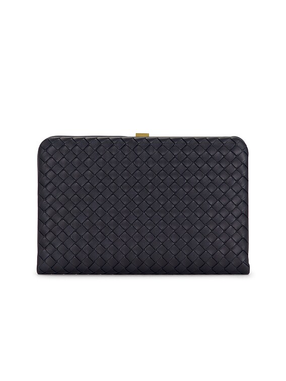 Bottega Veneta Mezzanotte Clutch in Midnight & Brass Vibrato | FWRD
