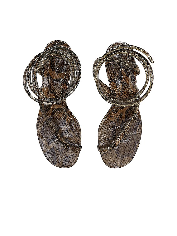 Bottega Veneta Printed Python Ankle Twist Heels in Kaki | FWRD