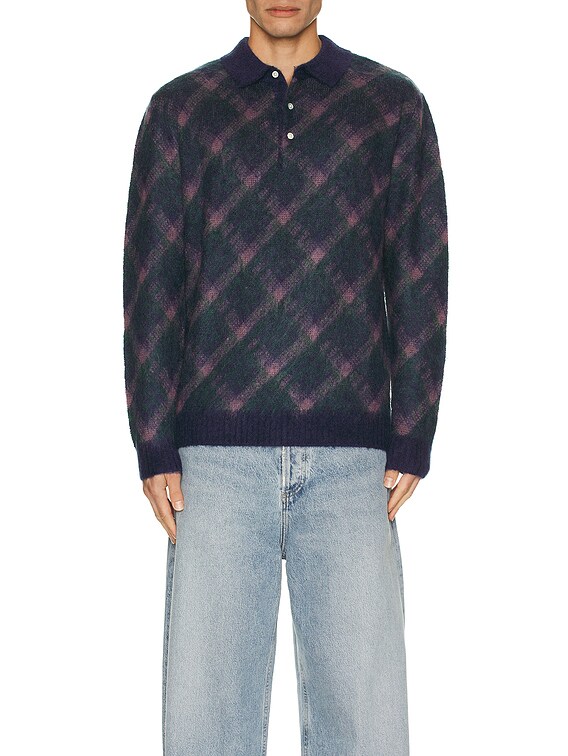 Beams Plus Knit Polo Stripe in Navy | FWRD