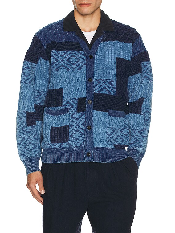 BEAMS PLUS インディゴ ジャガード ニット カウチン カーディガン Beams Plus Cardigan Indigo Patchwork Like Jacquard in Indigo | FWRD