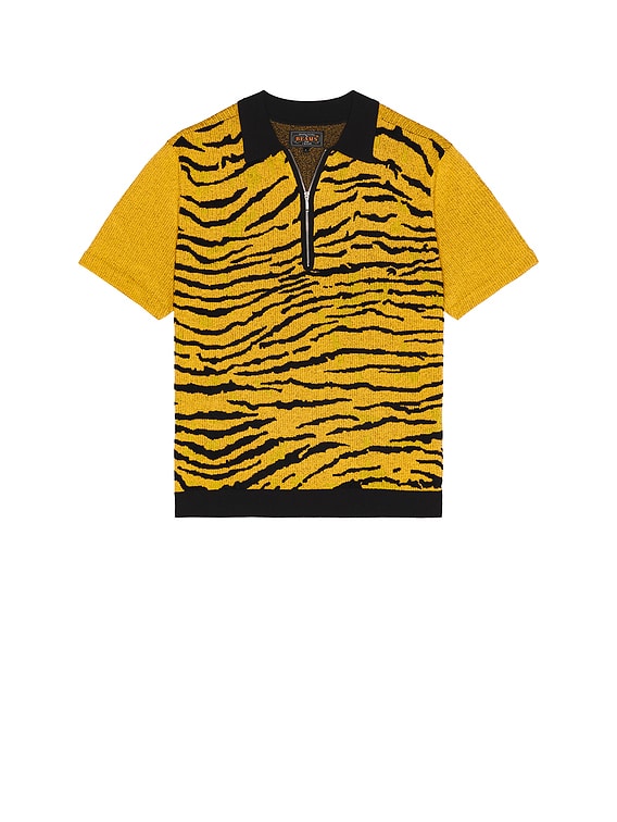 Beams Plus Half Zip Knit Polo Animal Jacquard in Tiger | FWRD