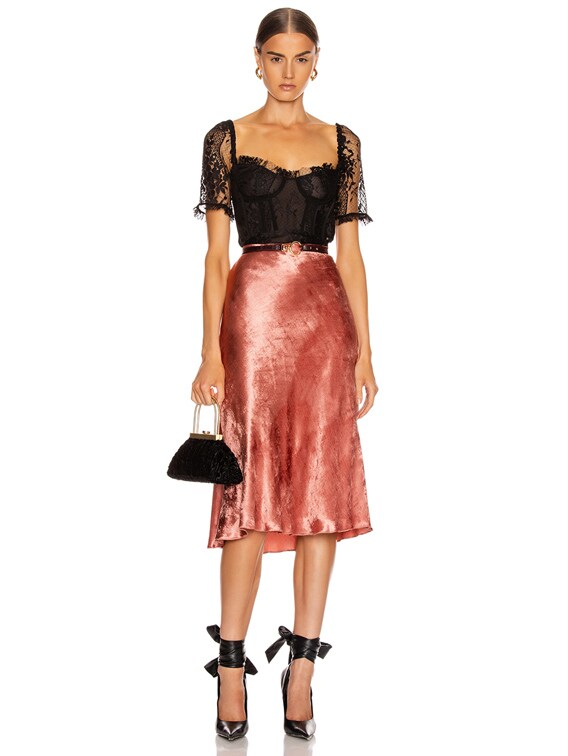 pink velvet midi skirt