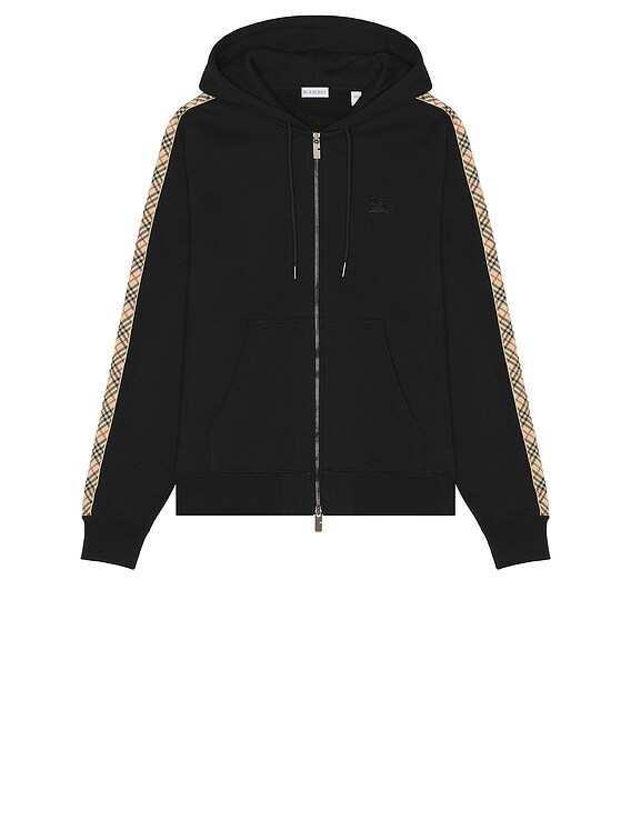 Burberry Check Tape Zip Through Hoodie in Black | FWRD