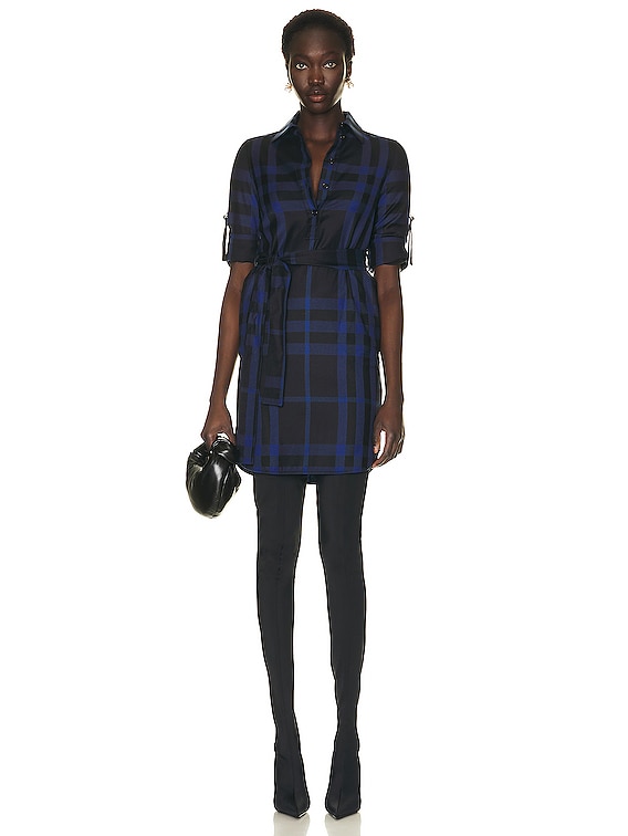 Burberry Kari Check Shirt Belted Dress in Dark Charcoal Blue IP Check | FWRD