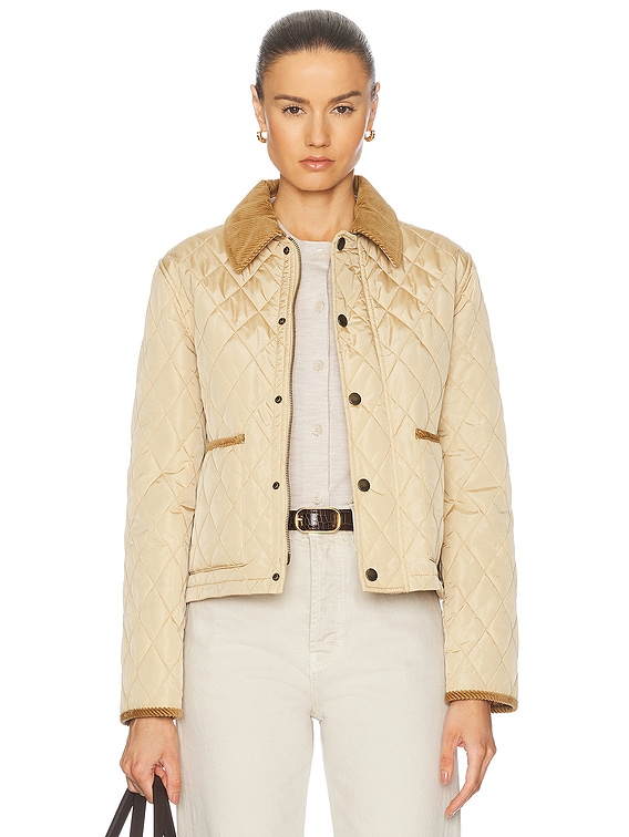 Burberry Cropped Quilted Jacket in Flax & Sand Ip Check | FWRD