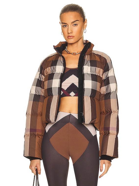 Burberry Cropped Check Down Jacket With Snow Skirt in Dark Birch Brown Check  | FWRD