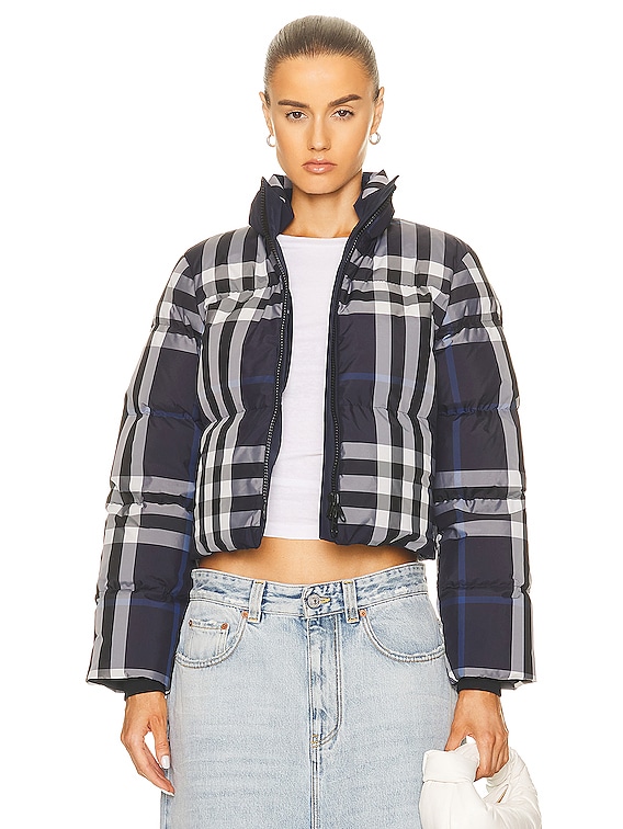 Burberry Aldfield Cropped Down Jacket in White & Blue IP Check | FWRD