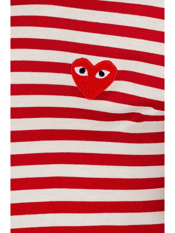 COMME des GARCONS PLAY Striped Cotton Red Emblem Tee in Red COMME des GARCONS PLAY Striped Cotton Red Emblem Tee in Red