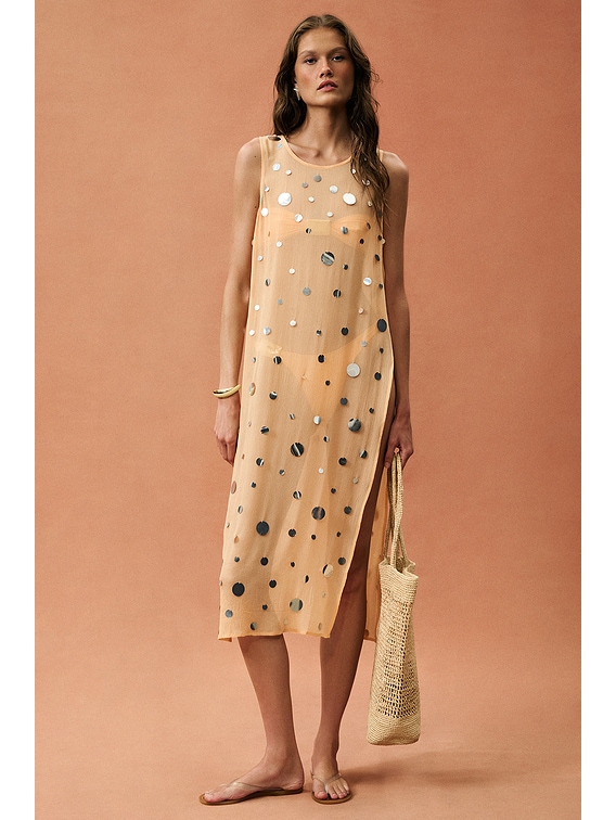 gold sequin tunic dress CHAN LUU for FWRD Chloe Sequin Tunic Dress in Apricot