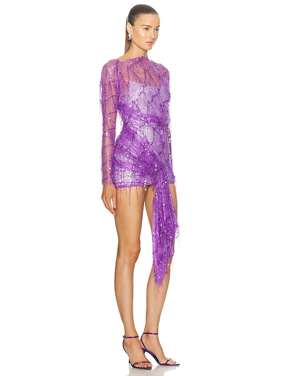 Encased Beaded Ivy Lace Long Sleeve Mini Dress