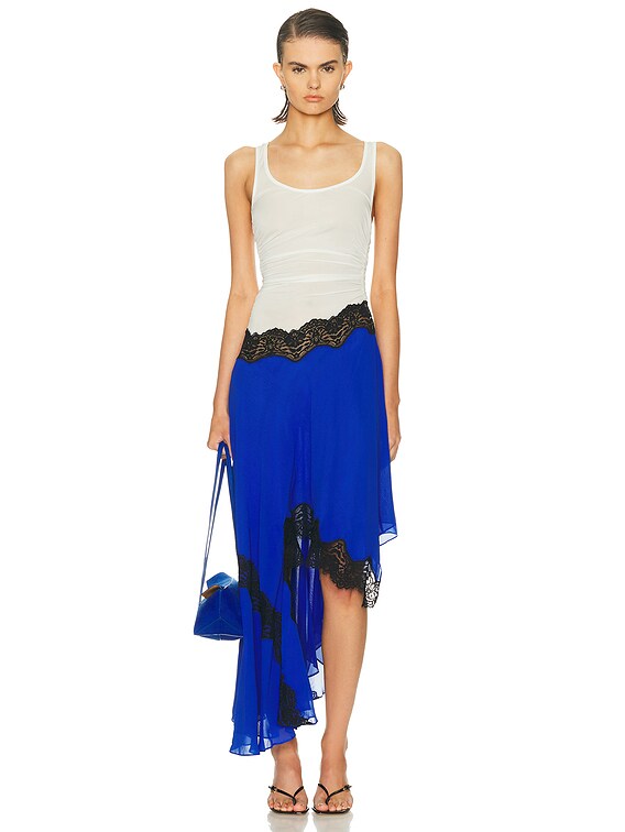 Christopher Esber Cutaway Lace Gathered Tank Dress in Yves Blue & Multi | FWRD Christopher Esber Cutaway Lace Gathered Tank Dress in Yves Blue & Multi | FWRD