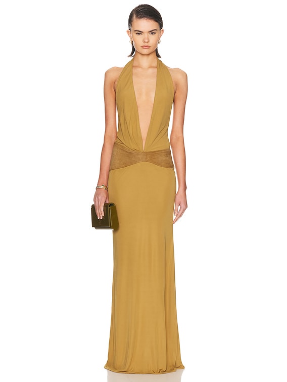 Christopher Esber Contour Suede Belted Jersey Halter Gown in Deep Sand |  FWRD