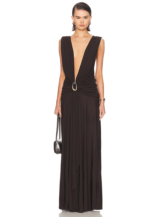 Christopher Esber Stone Pin Scarf Drape Long Dress in Umber | FWRD Christopher Esber Stone Pin Scarf Drape Long Dress in Umber | FWRD