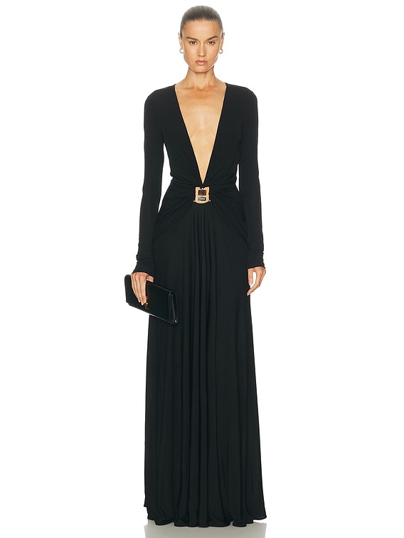 Christopher Esber Bezel Quartz Ruched Long Sleeve Dress in Black
