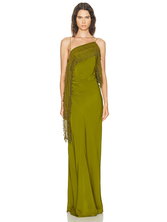Christopher Esber Droplet Bead Crochet Trimmed Cami Dress in Lizard | FWRD Christopher Esber Droplet Bead Crochet Trimmed Cami Dress in Lizard | FWRD
