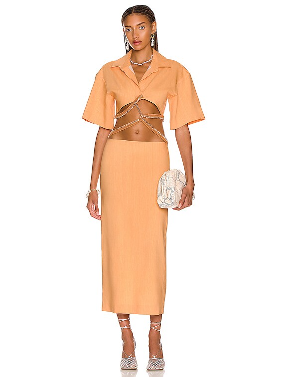 Christopher Esber Beaded Torso Linen Shirt Dress in Tangerine with Glass  Bead | FWRD