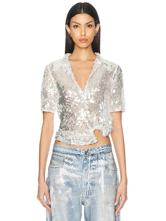 Christopher Esber Opaline Sequin Polo Top in Glisten Clear