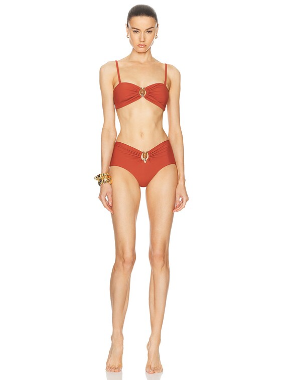 Christopher Esber Ruched Prong Bandeau Bikini Top in Brick