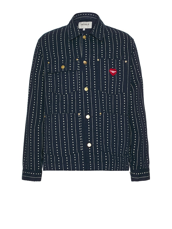 Carhartt WIP Drewe Chore Coat in Rinsed Heart C Pinstripe, Ink